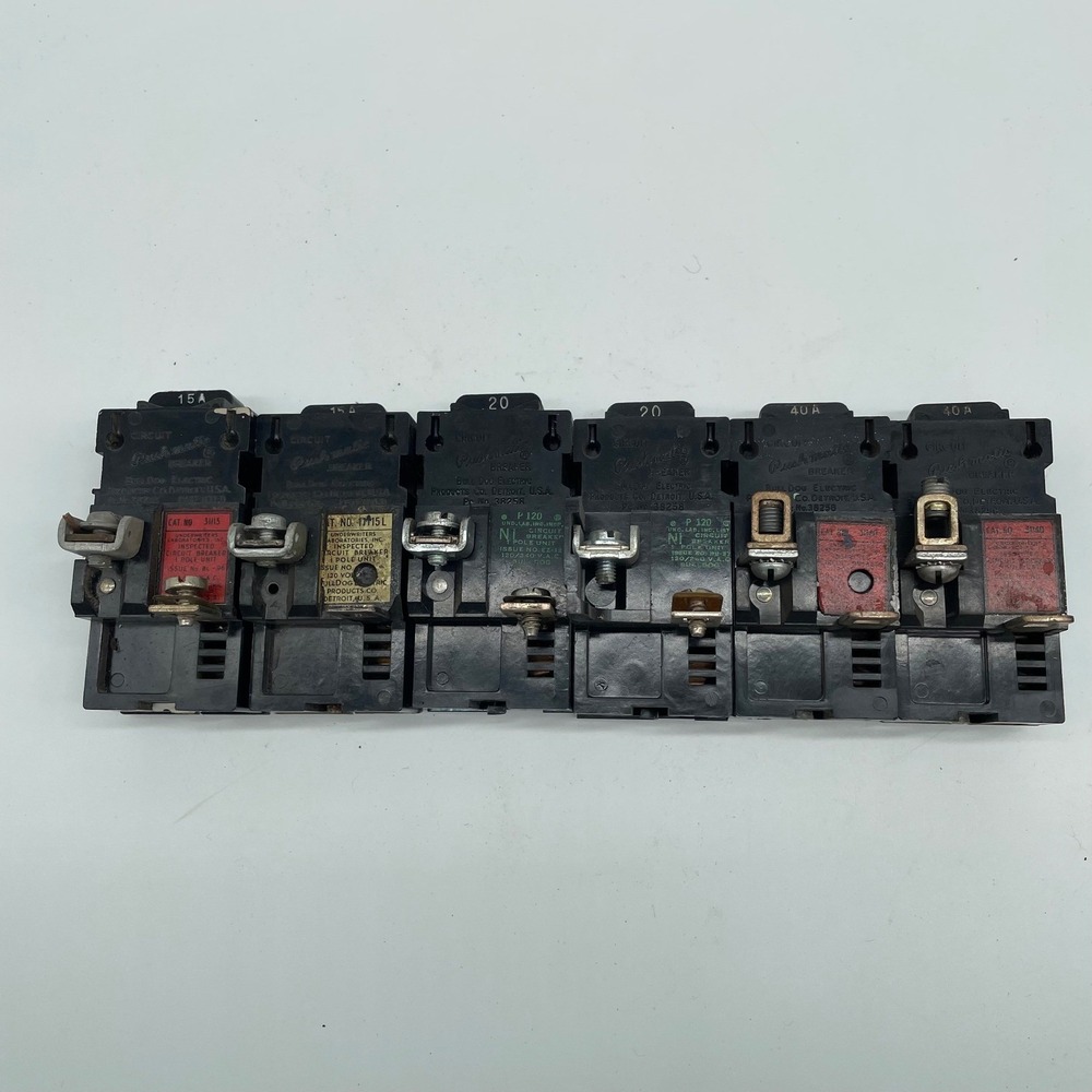 Lot of 6 BullDog Pushmatic Circuit Breakers 15A 20A 40A Single Pole Vintage